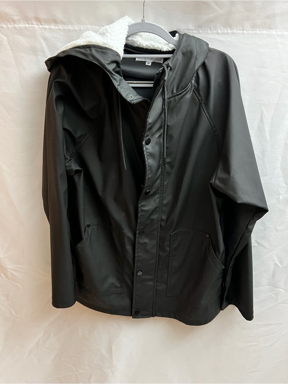 Another Influence Black Faux Leather Hooded Rain Jacket Sherpa Lined Medium